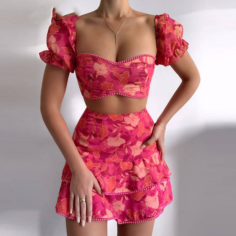 Floral de las mujeres Pom impreso Pom volantes Top y falda conjunto Casual 2 piezas conjunto