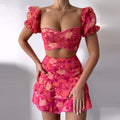 Floral de las mujeres Pom impreso Pom volantes Top y falda conjunto Casual 2 piezas conjunto