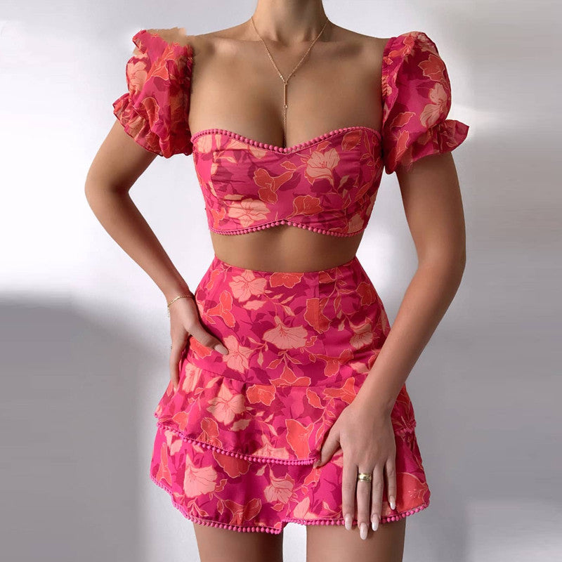 Floral de las mujeres Pom impreso Pom volantes Top y falda conjunto Casual 2 piezas conjunto