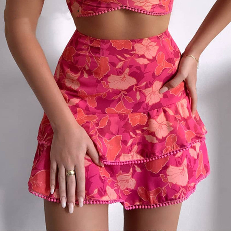 Floral de las mujeres Pom impreso Pom volantes Top y falda conjunto Casual 2 piezas conjunto